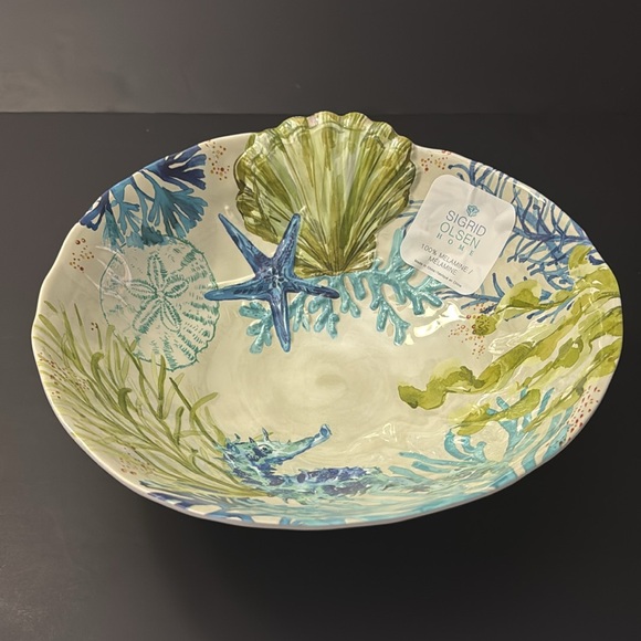 5pc SIGRID OLSEN Blue and Green Coastal Art Bowl & Dinner Plate Set - Melamine - Picture 5 of 10